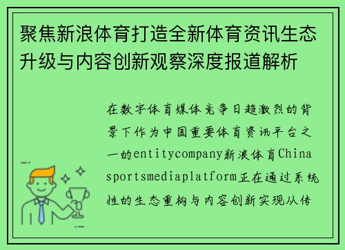 聚焦新浪体育打造全新体育资讯生态升级与内容创新观察深度报道解析